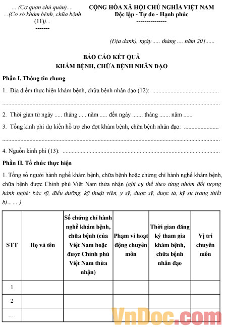Biểu mẫu đơn báo cáo kết quả khám bệnh, chữa bệnh nhân đạo Mẫu đơn báo cáo kết quả khám bệnh, chữa bệnh nhân đạo