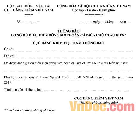 Mẫu thông báo cơ sở đủ điều kiện đóng mới/hoán cải/sửa chữa tàu biển
