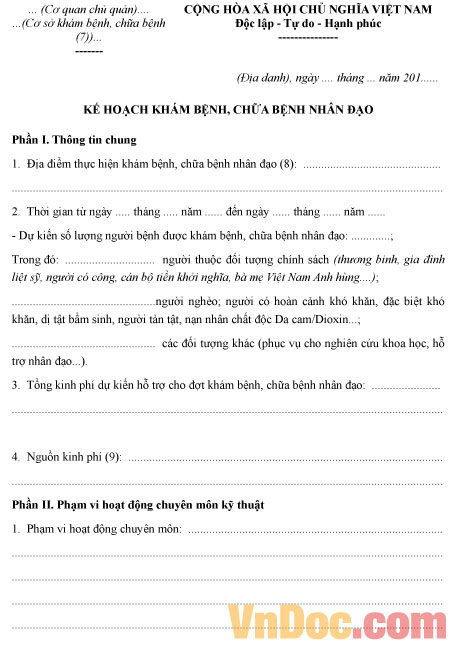 Kế hoạch khám bệnh, chữa bệnh nhân đạo theo Thông tư 103 Mẫu kế hoạch khám bệnh, chữa bệnh nhân đạo