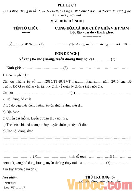 Đơn đề nghị công bố đóng luồng, tuyến đường thủy nội địa