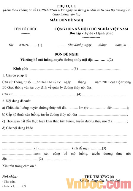 Đơn đề nghị công bố mở luồng, tuyến đường thủy nội địa