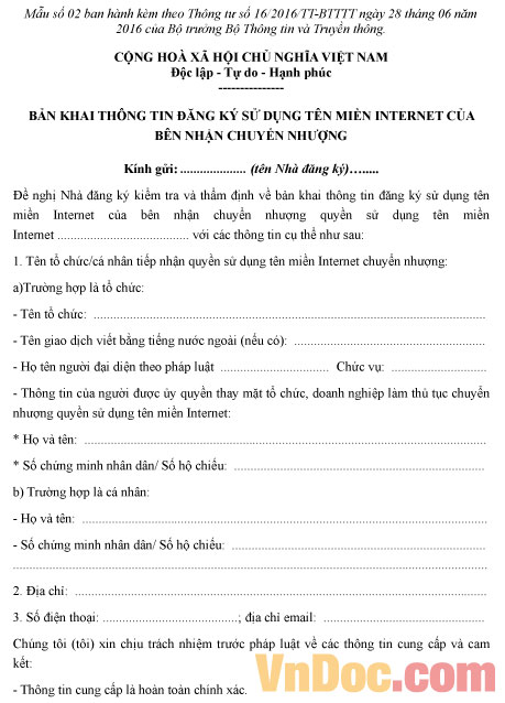 Mẫu bản khai thông tin đăng ký sử dụng tên miền Internet