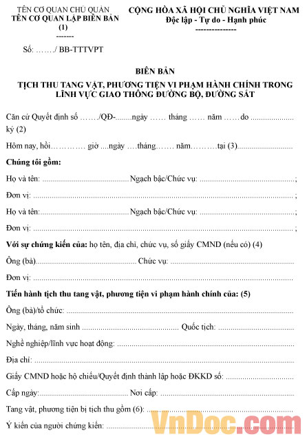 Biên bản tịch thu tang vật, phương tiện vi phạm hành chính trong lĩnh vực giao thông
