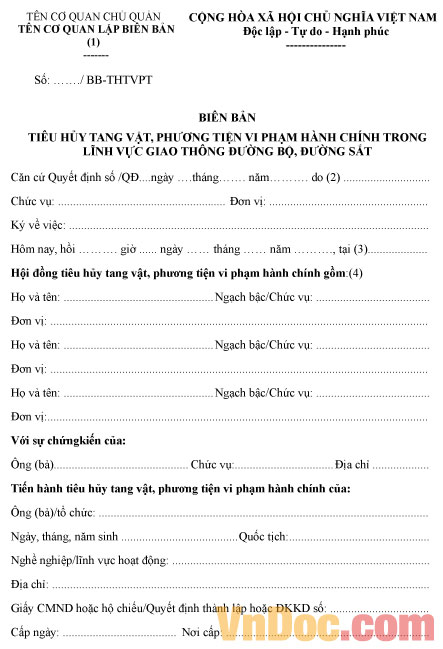 Biên bản tiêu hủy tang vật, phương tiện vi phạm hành chính trong lĩnh vực giao thông