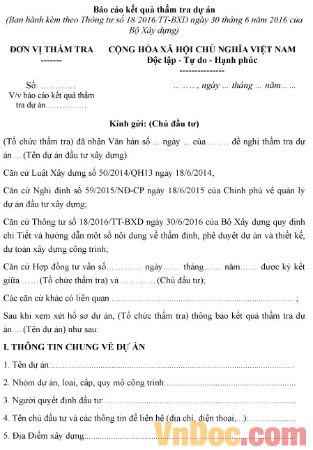 Báo cáo kết quả thẩm tra dự án