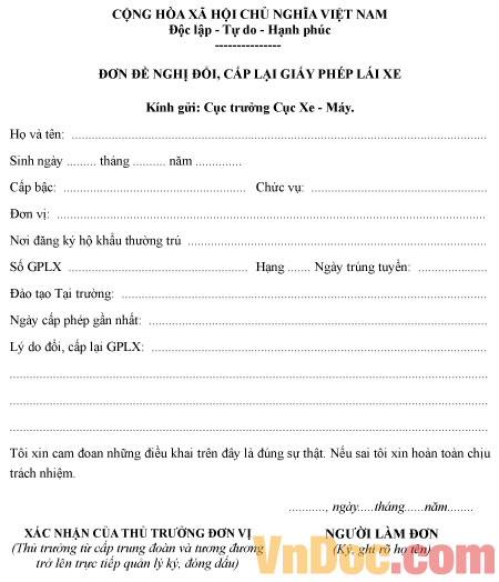 Mẫu đơn đề nghị đổi, cấp lại giấy phép lái xe quân sự Đơn đề nghị đổi, cấp lại giấy phép lái xe quân sự