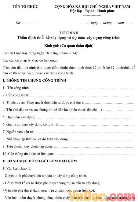 Tờ trình thẩm định thiết kế xây dựng và dự toán xây dựng công trình