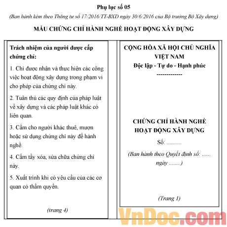 Mẫu chứng chỉ hành nghề hoạt động xây dựng