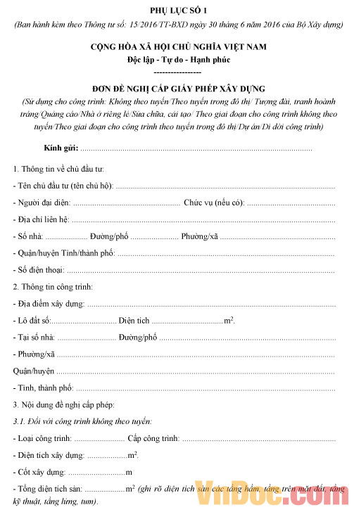 Đơn đề nghị cấp giấy phép xây dựng cho nhà ở nông thôn