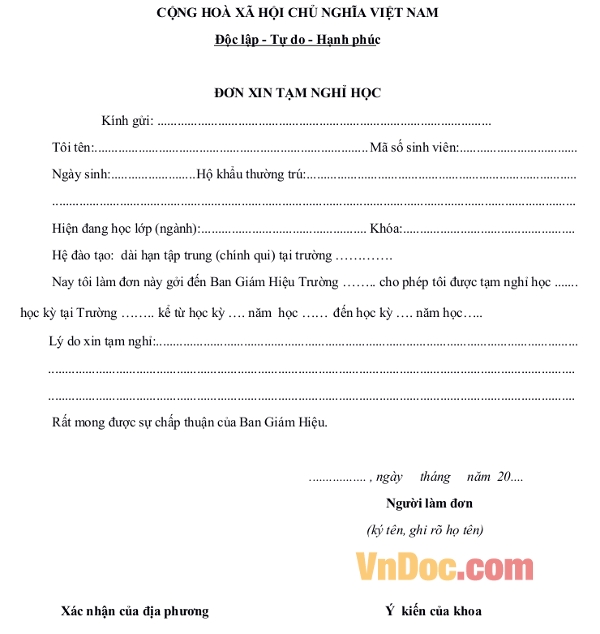 Mẫu đơn xin tạm nghỉ học