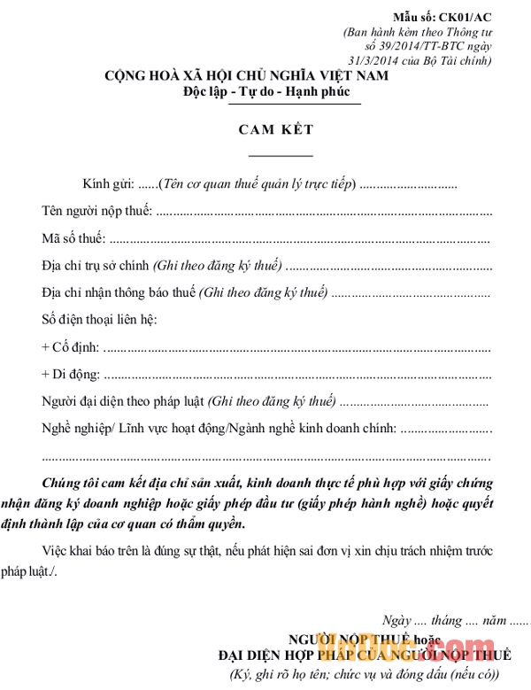 Mẫu cam kết về quy định sử dụng hóa đơn