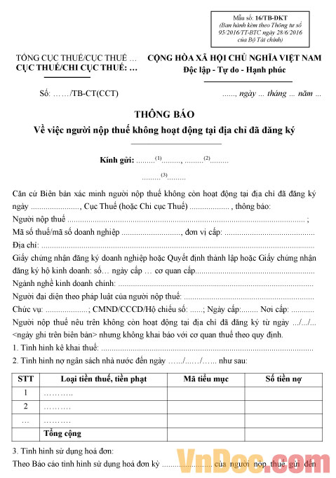 Mẫu số 16/TB-ĐKT: Thông báo người nộp thuế không hoạt động tại địa chỉ đã đăng ký