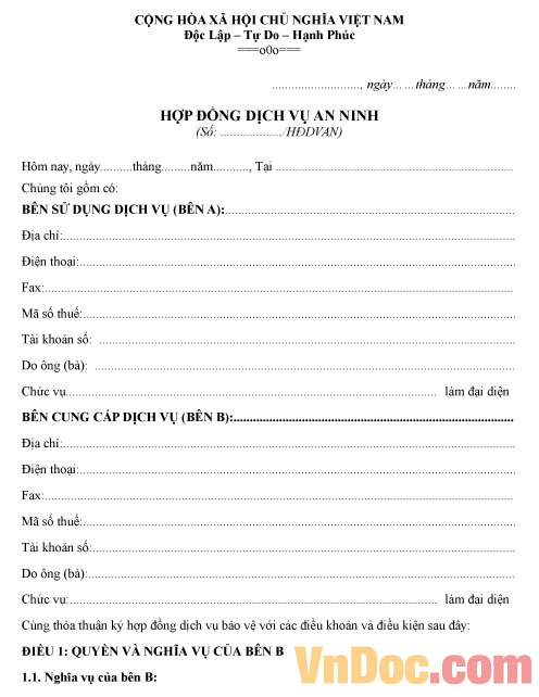 Hợp đồng dịch vụ an ninh