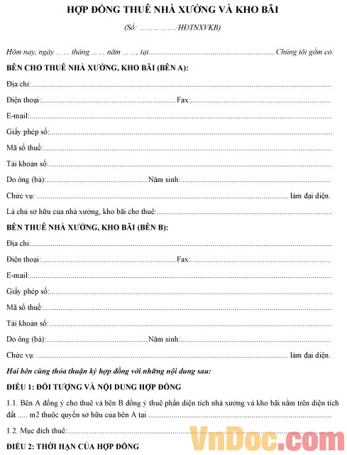 Mẫu hợp đồng thuê nhà xưởng và kho bãi