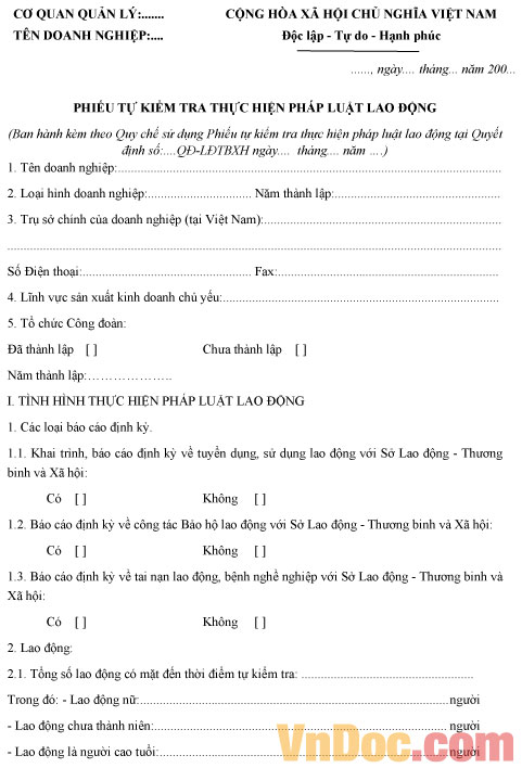 Mẫu phiếu tự kiểm tra thực hiện pháp luật lao động Phiếu tự kiểm tra thực hiện pháp luật lao động