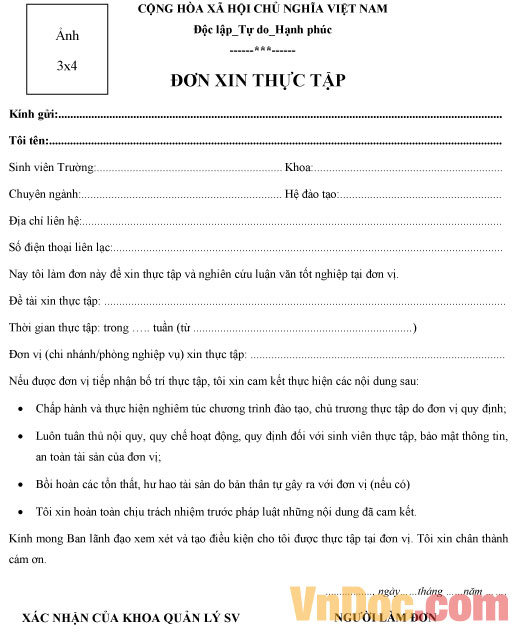 Mẫu đơn xin thực tập mới nhất Mẫu đơn xin thực tập