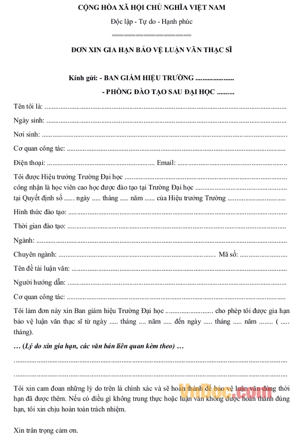 Mẫu Đơn xin gia hạn bảo vệ luận văn thạc sĩ 