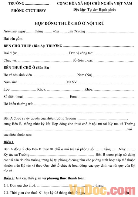 Hợp đồng thuê chỗ ở nội trú