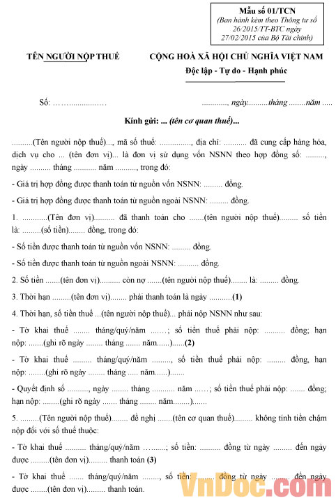 Mẫu số 01/TCN - Đơn xác nhận chưa được thanh toán