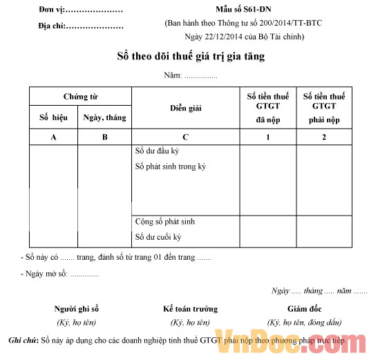 Mẫu số S61-DN: Sổ theo dõi thuế giá trị gia tăng