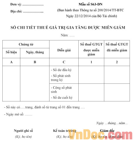 Mẫu số S63-DN: Sổ chi tiết thuế giá trị gia tăng được miễn giảm
