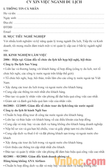 CV xin việc ngành du lịch
