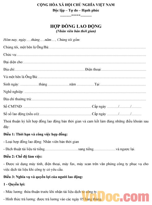 Mẫu hợp đồng lao động bán thời gian