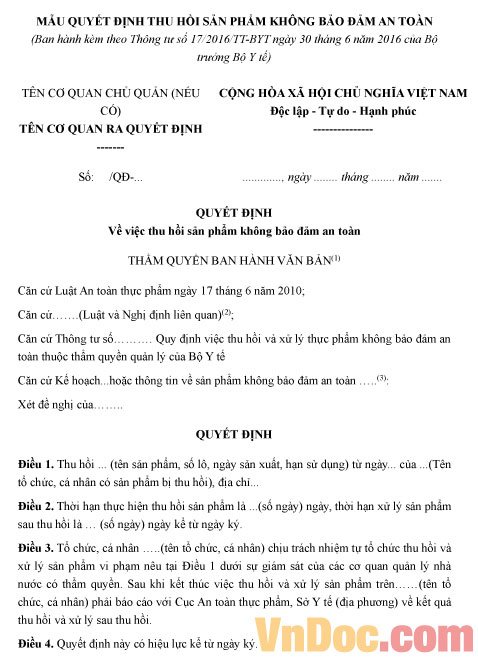Mẫu quyết định thu hồi sản phẩm không bảo đảm an toàn