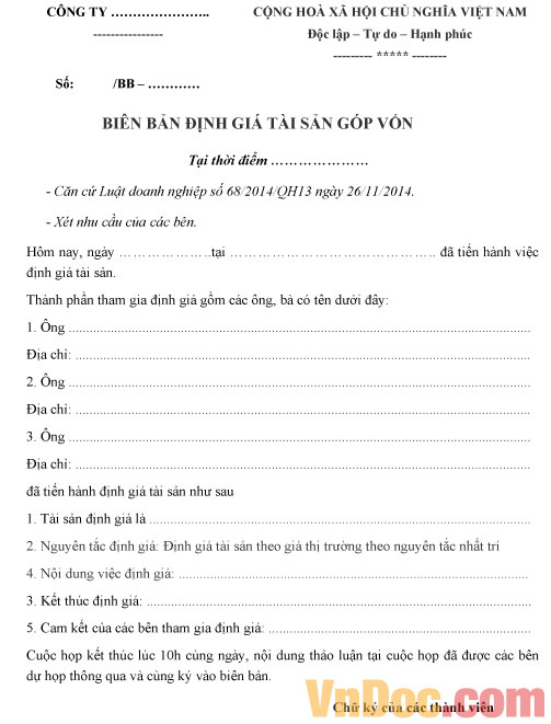 Biên bản định giá tài sản góp vốn