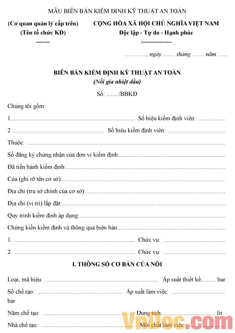 Mẫu biên bản kiểm định kỹ thuật an toàn nồi gia nhiệt dầu