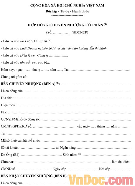 Mẫu hợp đồng chuyển nhượng cổ phần