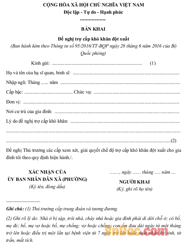 Đơn đề nghị trợ cấp khó khăn đột xuất