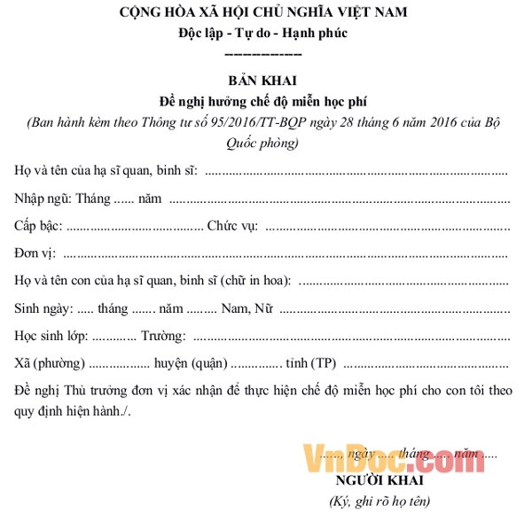 Mẫu đơn đề nghị hưởng chế độ miễn học phí