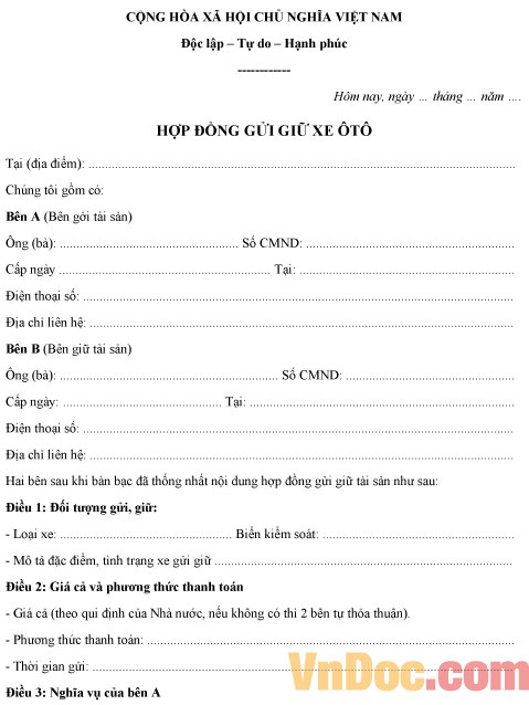 Hợp đồng gửi giữ xe ô tô