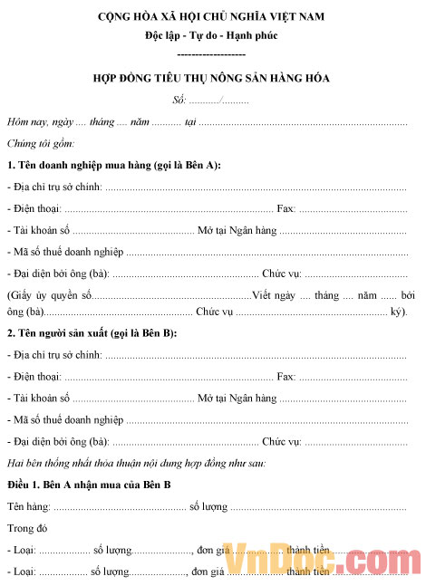 Hợp đồng tiêu thụ nông sản hàng hóa