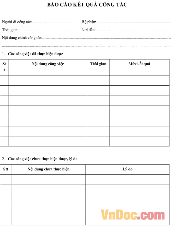 Mẫu Báo cáo kết quả công tác