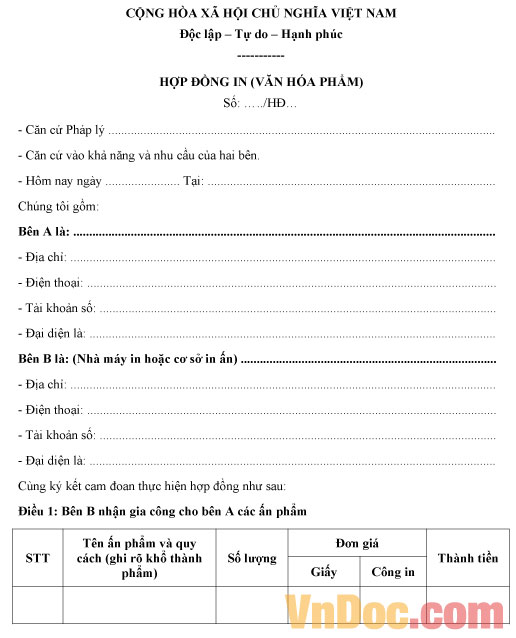 Mẫu hợp đồng in ấn