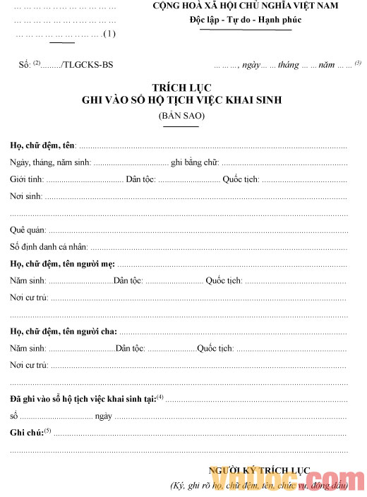 Mẫu trích lục ghi vào sổ hộ tịch việc khai sinh bản sao Mẫu trích lục ghi vào sổ hộ tịch việc khai sinh