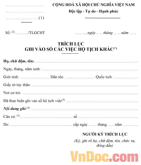 Mẫu trích lục ghi chú thay đổi hộ tịch bản chính