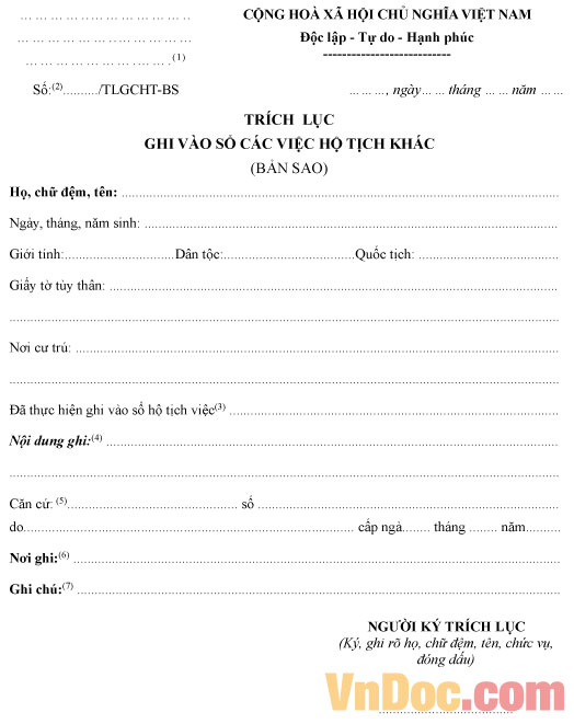 Mẫu trích lục ghi chú thay đổi hộ tịch bản sao