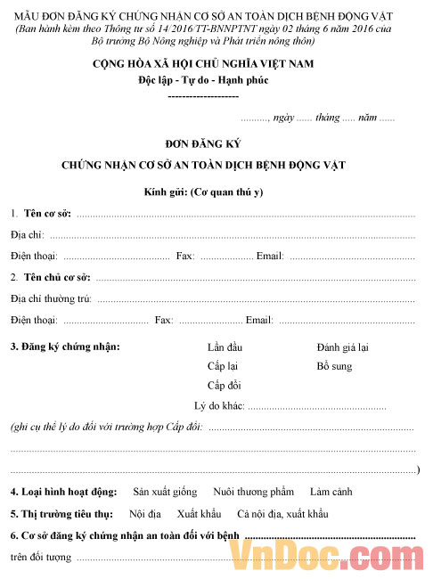 Đơn đăng ký chứng nhận cơ sở an toàn dịch bệnh động vật Mẫu đơn đăng ký chứng nhận cơ sở an toàn dịch bệnh động vật