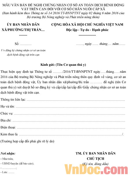 Mẫu đơn đề nghị chứng nhận cơ sở an toàn dịch bệnh động vật trên cạn