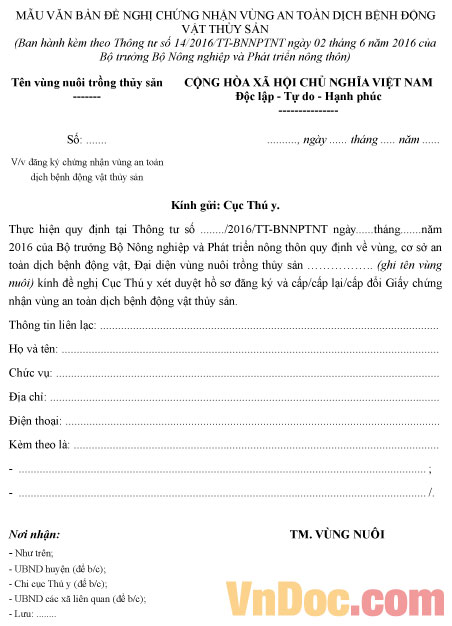 Mẫu đơn đề nghị chứng nhận vùng an toàn dịch bệnh động vật thủy sản