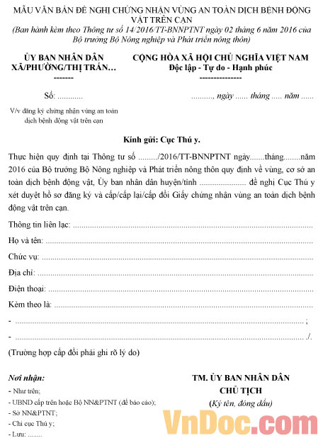Mẫu đơn đề nghị chứng nhận vùng an toàn dịch bệnh động vật trên cạn