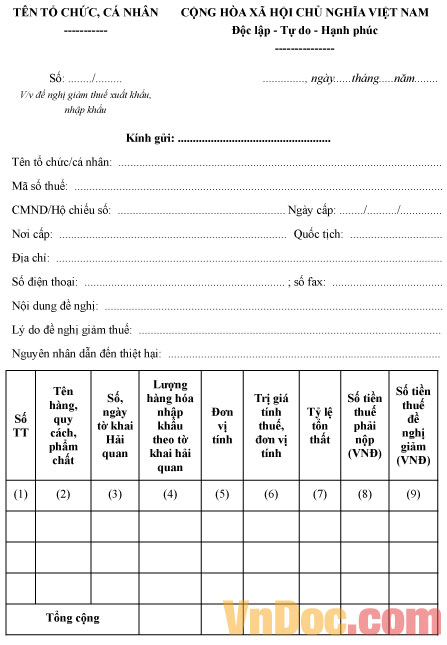 Đơn đề nghị giảm thuế xuất khẩu, nhập khẩu Mẫu đơn đề nghị giảm thuế xuất khẩu, nhập khẩu