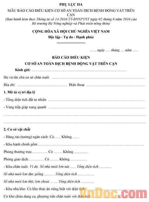Mẫu báo cáo điều kiện cơ sở an toàn dịch bệnh động vật trên cạn