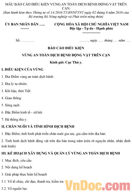 Mẫu báo cáo điều kiện vùng an toàn dịch bệnh động vật trên cạn