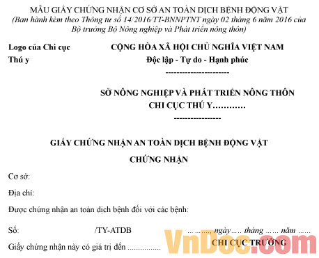 Mẫu giấy chứng nhận cơ sở an toàn dịch bệnh động vật