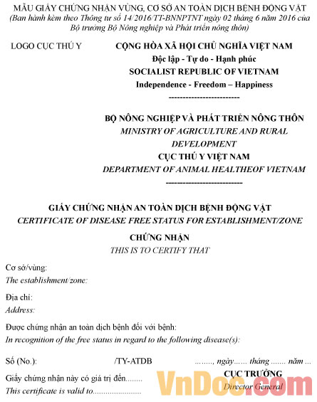 Mẫu giấy chứng nhận vùng an toàn dịch bệnh động vật