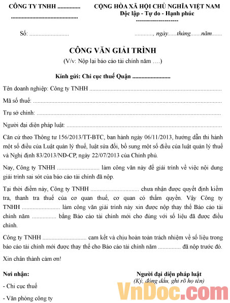 Mẫu công văn giải trình nộp lại báo cáo tài chính